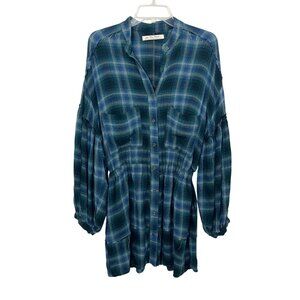 Free People By The Way Navy Plaid Long Sleeve Mini Shirt Dress Grunge - Size XS